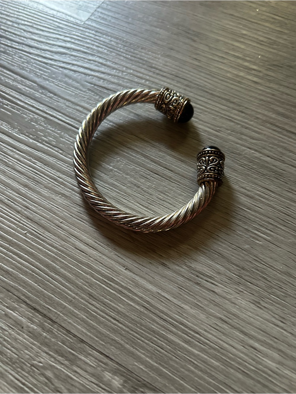 Twisted Rope Open Cuff Bracelet with Black End Caps - Gold Tone